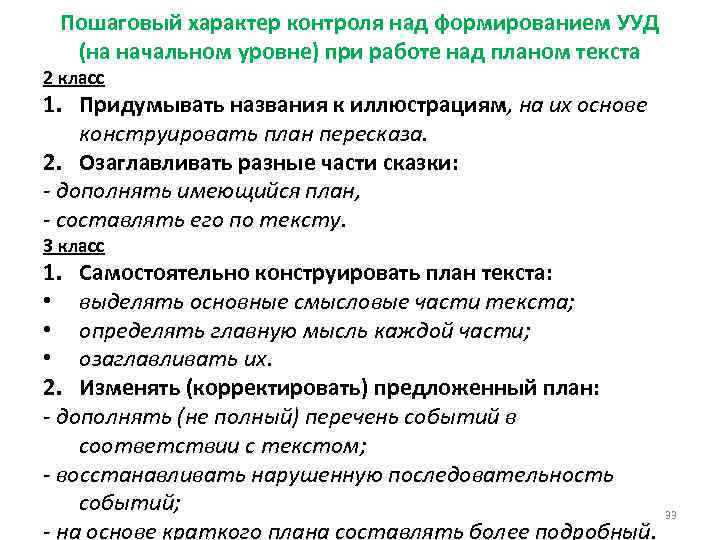 Пошаговый характер контроля над формированием УУД (на начальном уровне) при работе над планом текста