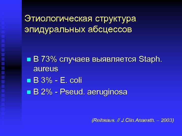 Этиологическая структура эпидуральных абсцессов В 73% случаев выявляется Staph. aureus n В 3% -