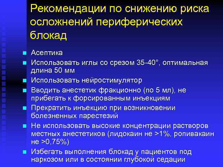 Рекомендации по снижению риска осложнений периферических блокад n n n n Асептика Использовать иглы