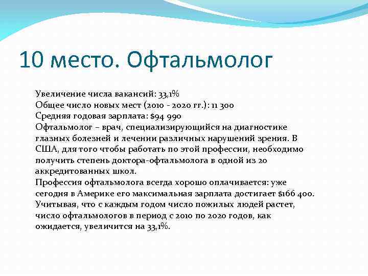 10 место. Офтальмолог Увеличение числа вакансий: 33, 1% Общее число новых мест (2010 -