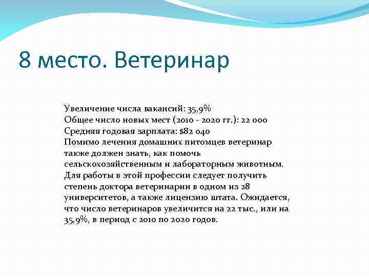 8 место. Ветеринар Увеличение числа вакансий: 35, 9% Общее число новых мест (2010 -