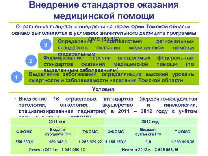 Внедрение стандартов оказания медицинской помощи Отраслевые стандарты внедрены на территории Томской области, однако выполняются