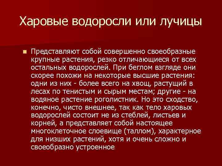 Харовые водоросли или лучицы n Представляют собой совершенно своеобразные крупные растения, резко отличающиеся от