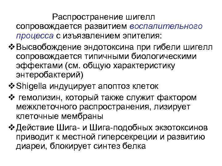 Распространение шигелл сопровождается развитием воспалительного процесса с изъязвлением эпителия: v Высвобождение эндотоксина при гибели