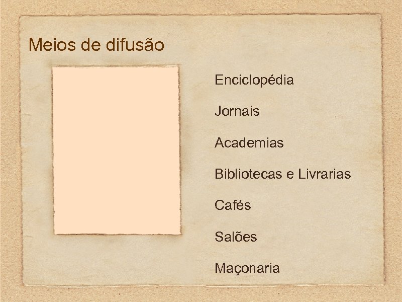 Meios de difusão Enciclopédia Jornais Academias Bibliotecas e Livrarias Cafés Salões Maçonaria 