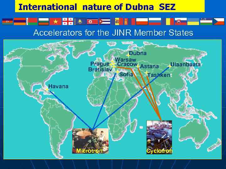 International nature of Dubna SEZ Accelerators for the JINR Member States Dubna Warsaw Prague