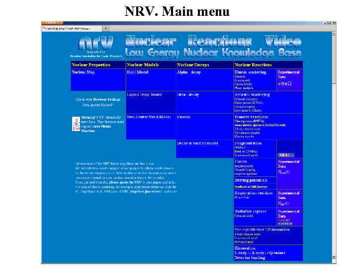 NRV. Main menu 