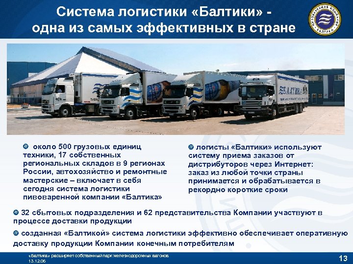 Система логистики «Балтики» одна из самых эффективных в стране около 500 грузовых единиц техники,