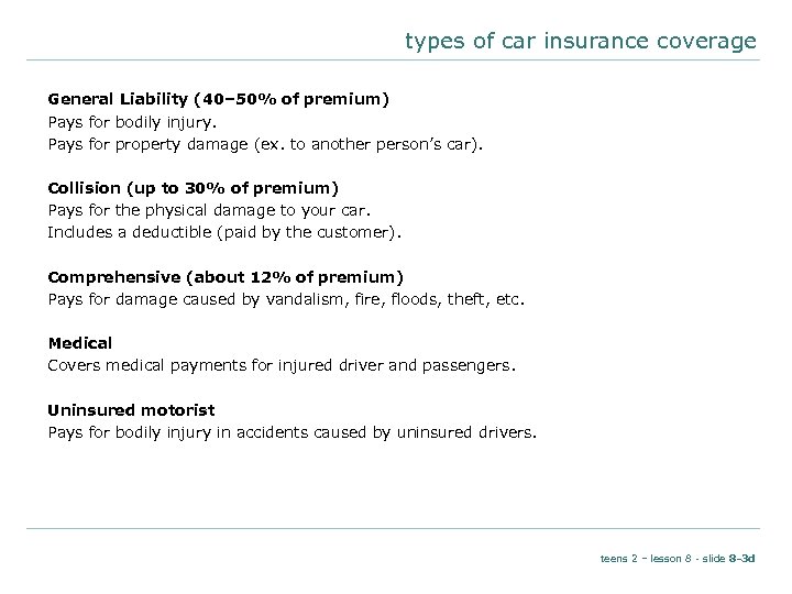 types of car insurance coverage General Liability (40– 50% of premium) Pays for bodily