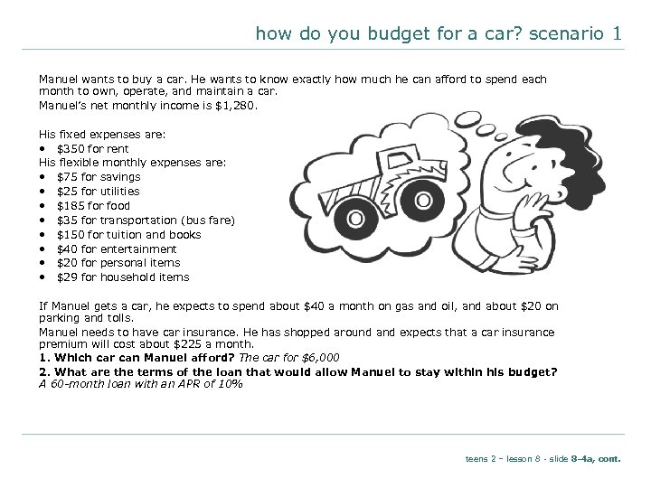 how do you budget for a car? scenario 1 Manuel wants to buy a