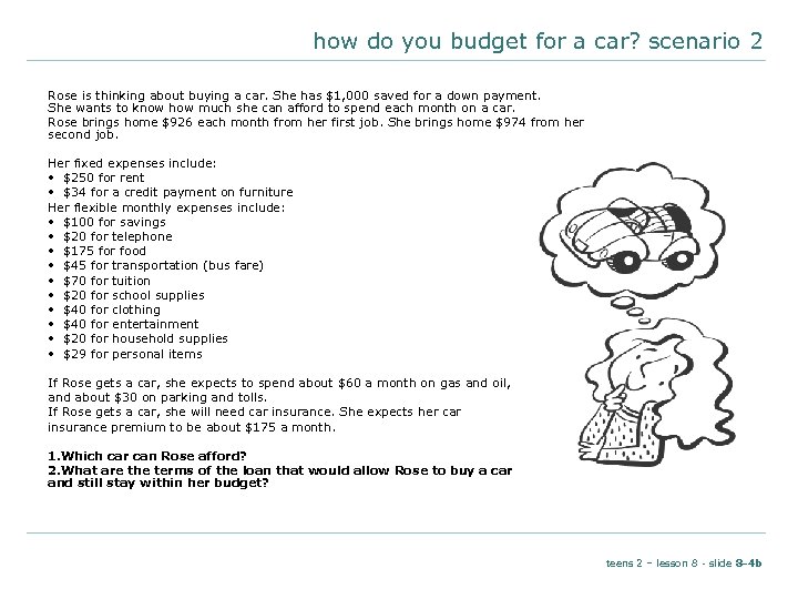 how do you budget for a car? scenario 2 Rose is thinking about buying