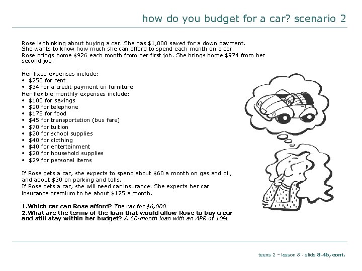 how do you budget for a car? scenario 2 Rose is thinking about buying