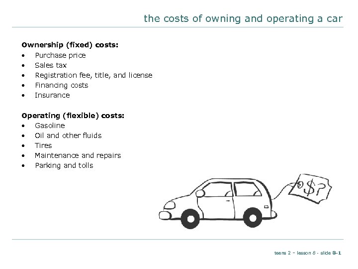 the costs of owning and operating a car Ownership (fixed) costs: • Purchase price