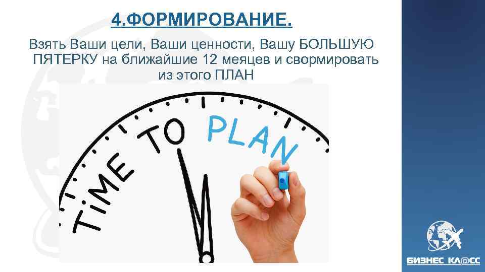 4. ФОРМИРОВАНИЕ. Взять Ваши цели, Ваши ценности, Вашу БОЛЬШУЮ ПЯТЕРКУ на ближайшие 12 меяцев