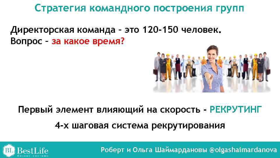 Стратегия командного построения групп Директорская команда – это 120 -150 человек. Вопрос – за