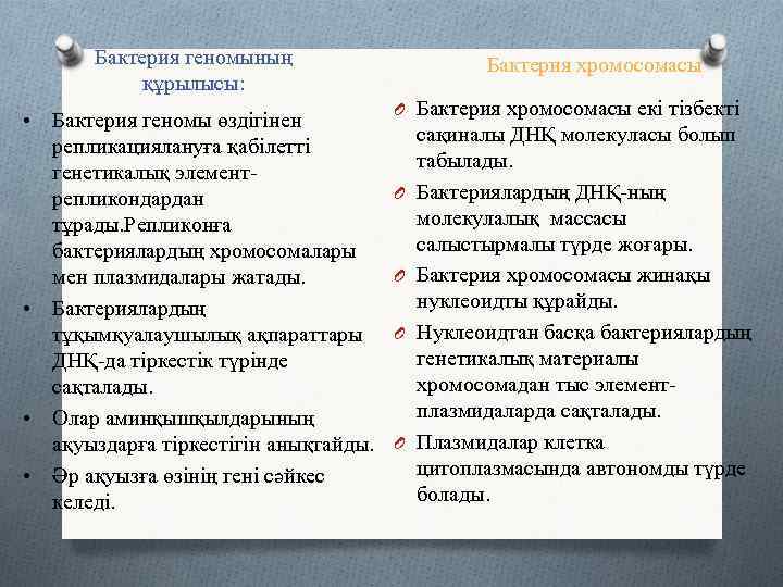 Бактерия геномының құрылысы: • Бактерия геномы өздігінен репликациялануға қабілетті генетикалық элементрепликондардан тұрады. Репликонға бактериялардың