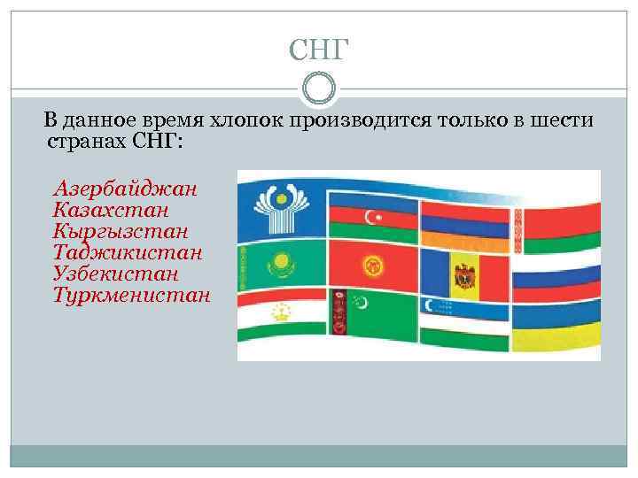 СНГ В данное время хлопок производится только в шести странах СНГ: Азербайджан Казахстан Кыргызстан