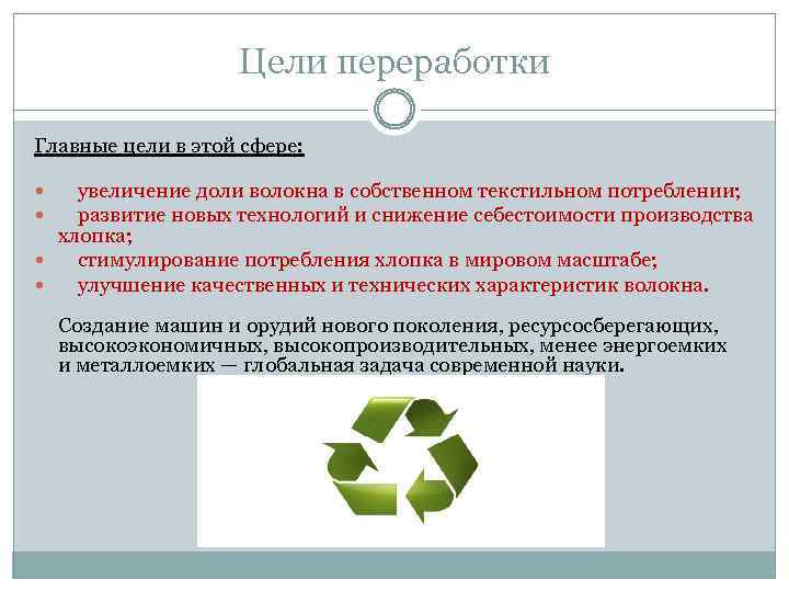 Цели переработки Главные цели в этой сфере: увеличение доли волокна в собственном текстильном потреблении;
