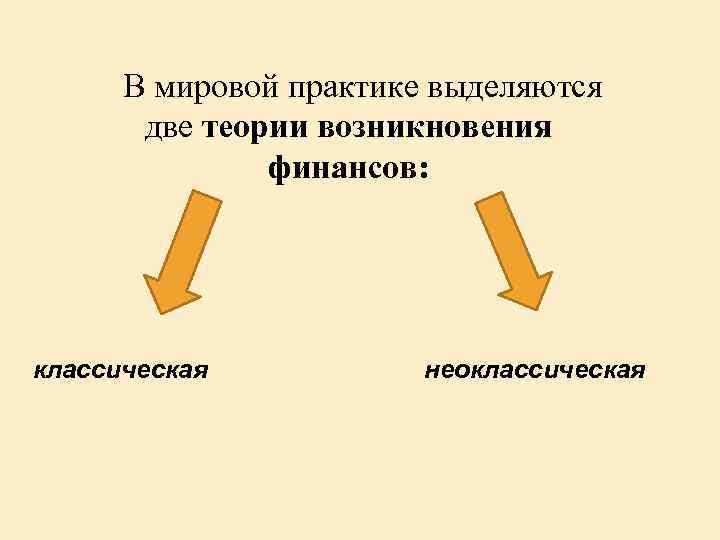 В мировой практике выделяются две теории возникновения финансов: классическая неоклассическая 