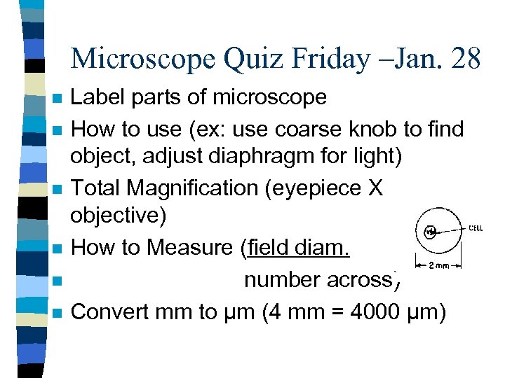 Microscope Quiz Friday –Jan. 28 n n n Label parts of microscope How to