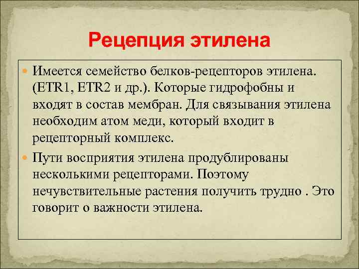 Рецепция этилена Имеется семейство белков-рецепторов этилена. (ETR 1, ETR 2 и др. ). Которые