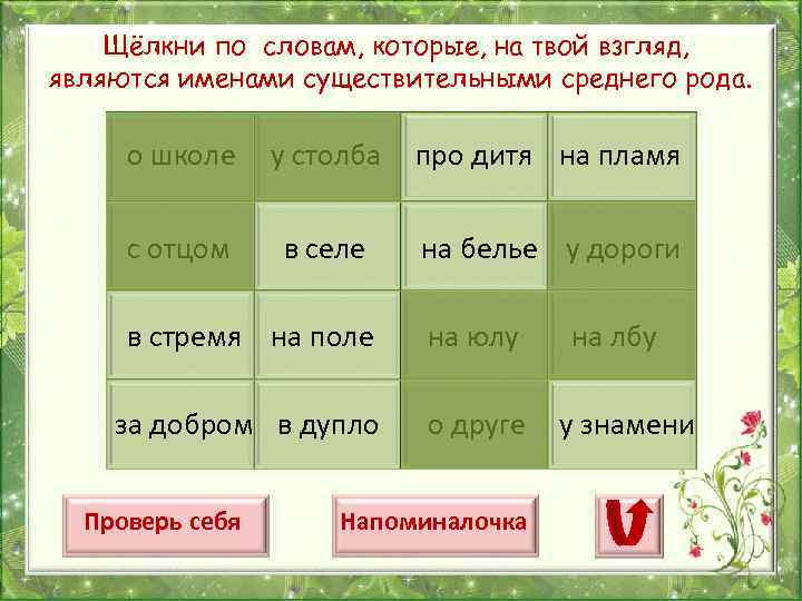 Щёлкни по словам, которые, на твой взгляд, являются именами существительными среднего рода. о школе