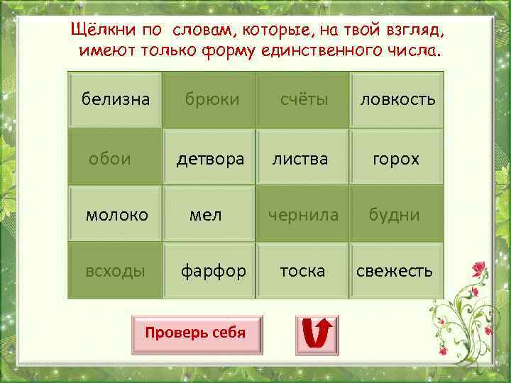 Щёлкни по словам, которые, на твой взгляд, имеют только форму единственного числа. белизна брюки