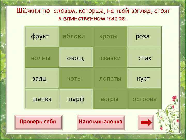 Щёлкни по словам, которые, на твой взгляд, стоят в единственном числе. фрукт яблоки волны