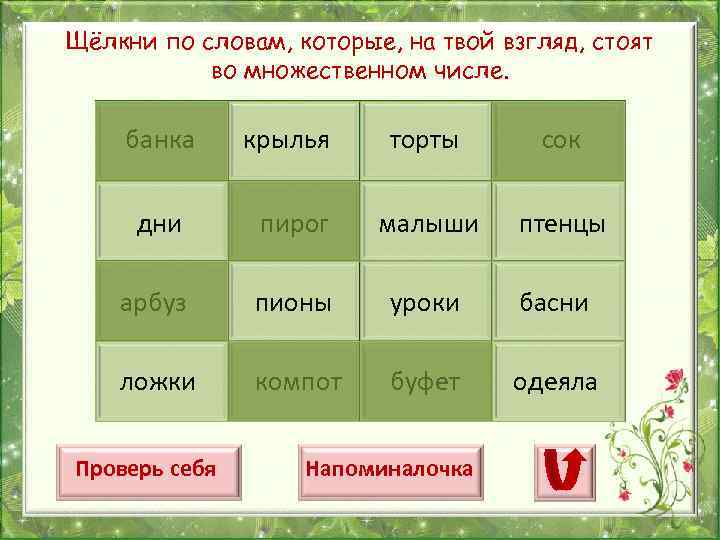 Щёлкни по словам, которые, на твой взгляд, стоят во множественном числе. банка крылья торты