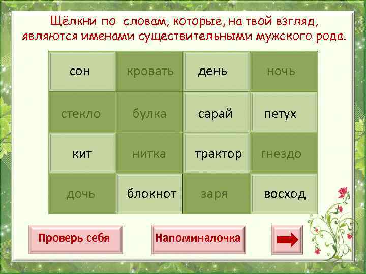 Щёлкни по словам, которые, на твой взгляд, являются именами существительными мужского рода. сон кровать