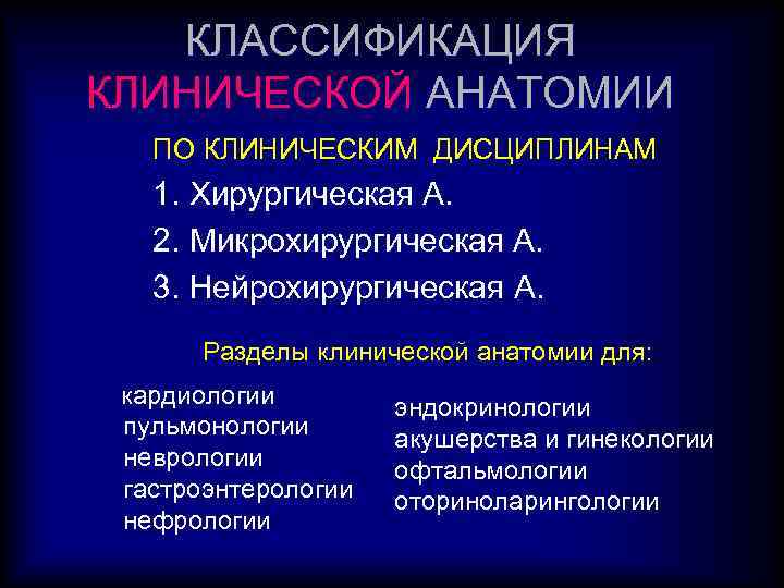 КЛАССИФИКАЦИЯ КЛИНИЧЕСКОЙ АНАТОМИИ ПО КЛИНИЧЕСКИМ ДИСЦИПЛИНАМ 1. Хирургическая А. 2. Микрохирургическая А. 3. Нейрохирургическая