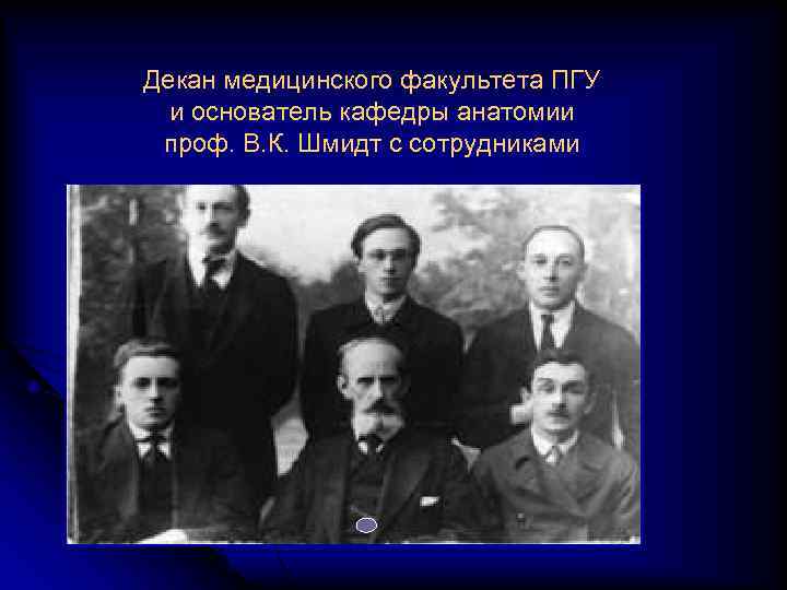 Декан медицинского факультета ПГУ и основатель кафедры анатомии проф. В. К. Шмидт с сотрудниками