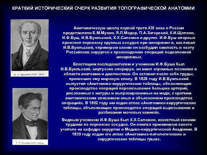 КРАТКИЙ ИСТОРИЧЕСКИЙ ОЧЕРК РАЗВИТИЯ ТОПОГРАФИЧЕСКОЙ АНАТОМИИ Анатомическую школу первой трети XIX века в России