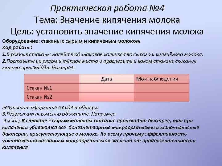 Практическая работа № 4 Тема: Значение кипячения молока Цель: установить значение кипячения молока Оборудование: