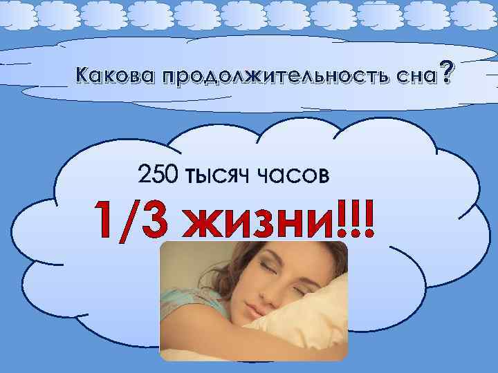 Какова продолжительность сна? 250 тысяч часов 1/3 жизни!!! 