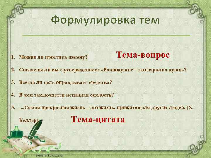 Формулировка тем 1. Можно ли простить измену? Тема-вопрос 2. Согласны ли вы с утверждением: