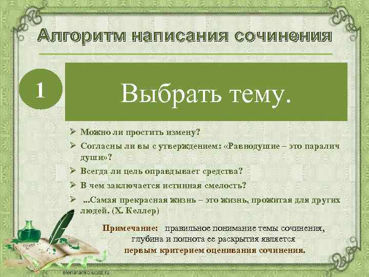 Алгоритм написания сочинения 1 Внимательно прочитайте темы сочинения. При выборе прежде всего следует определить,