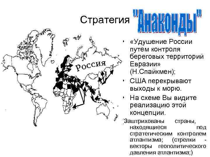 Стратегия • «Удушение России путем контроля береговых территорий Евразии» (Н. Спайкмен); • США перекрывают