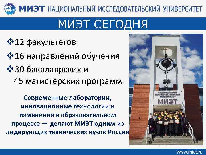 МИЭТ СЕГОДНЯ v 12 факультетов v 16 направлений обучения v 30 бакалаврских и 45