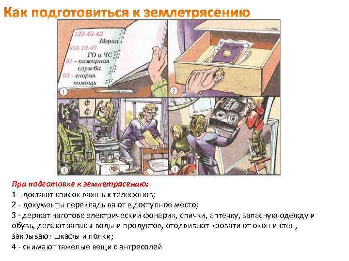 При подготовке к землетрясению: 1 - достают список важных телефонов; 2 - документы перекладывают