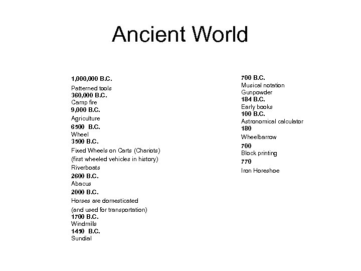 Ancient World 1, 000 B. C. Patterned tools 360, 000 B. C. Camp fire