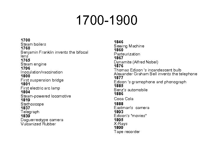 1700 -1900 1700 Steam boilers 1760 Benjamin Franklin invents the bifocal lens 1765 Steam