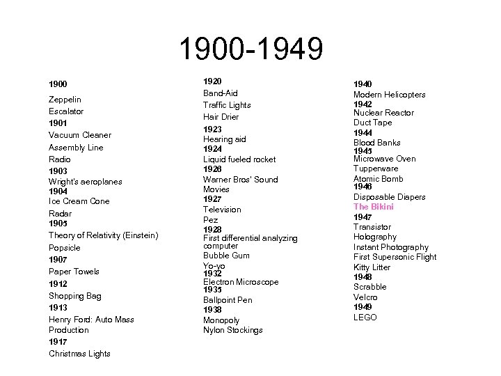 1900 -1949 1900 Zeppelin Escalator 1901 Vacuum Cleaner Assembly Line Radio 1903 Wright's aeroplanes