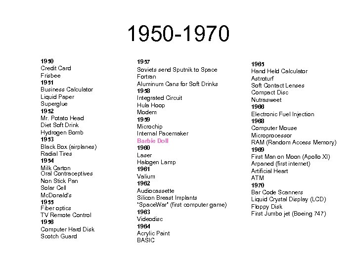 1950 -1970 1950 Credit Card Frisbee 1951 Business Calculator Liquid Paper Superglue 1952 Mr.