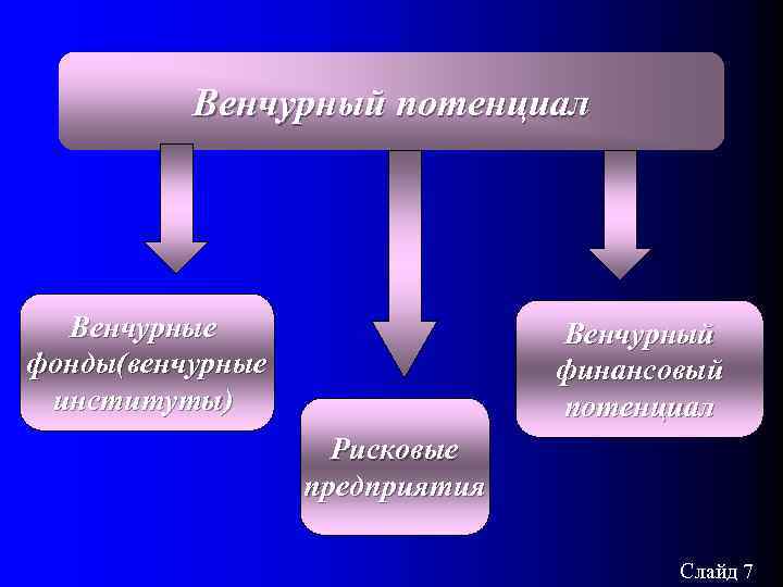 Венчурный потенциал Венчурные фонды(венчурные институты) Венчурный финансовый потенциал Рисковые предприятия Слайд 7 