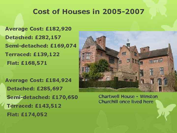 Cost of Houses in 2005 -2007 Average Cost: £ 182, 920 Detached: £ 282,