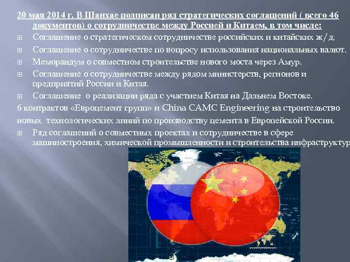 20 мая 2014 г. В Шанхае подписан ряд стратегических соглашений ( всего 46 документов)