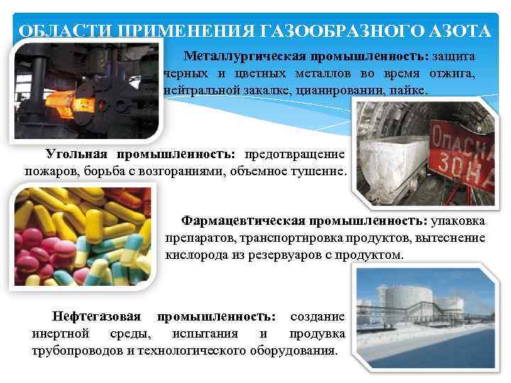 ОБЛАСТИ ПРИМЕНЕНИЯ ГАЗООБРАЗНОГО АЗОТА Металлургическая промышленность: защита черных и цветных металлов во время отжига,