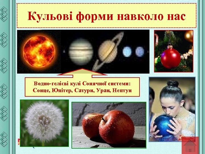 Кульові форми навколо нас Водно-гелієві кулі Сонячної системи: Сонце, Юпітер, Сатурн, Уран, Нептун 