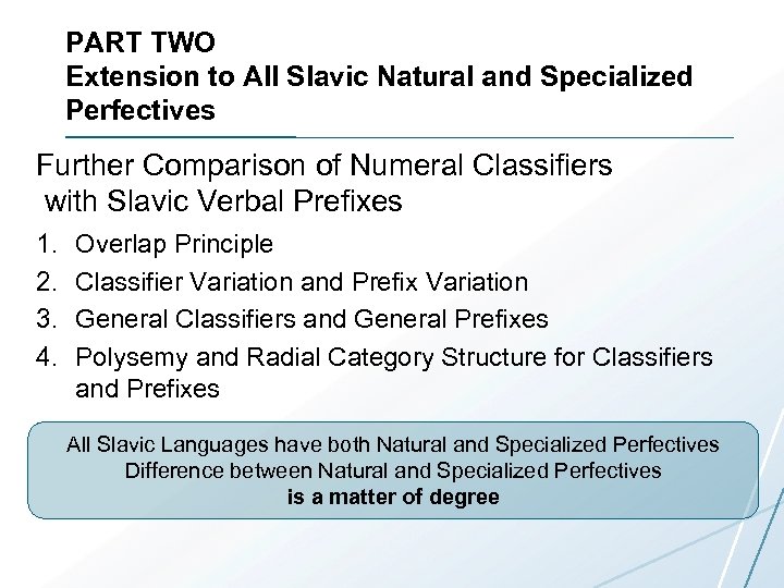 PART TWO Extension to All Slavic Natural and Specialized Perfectives Further Comparison of Numeral